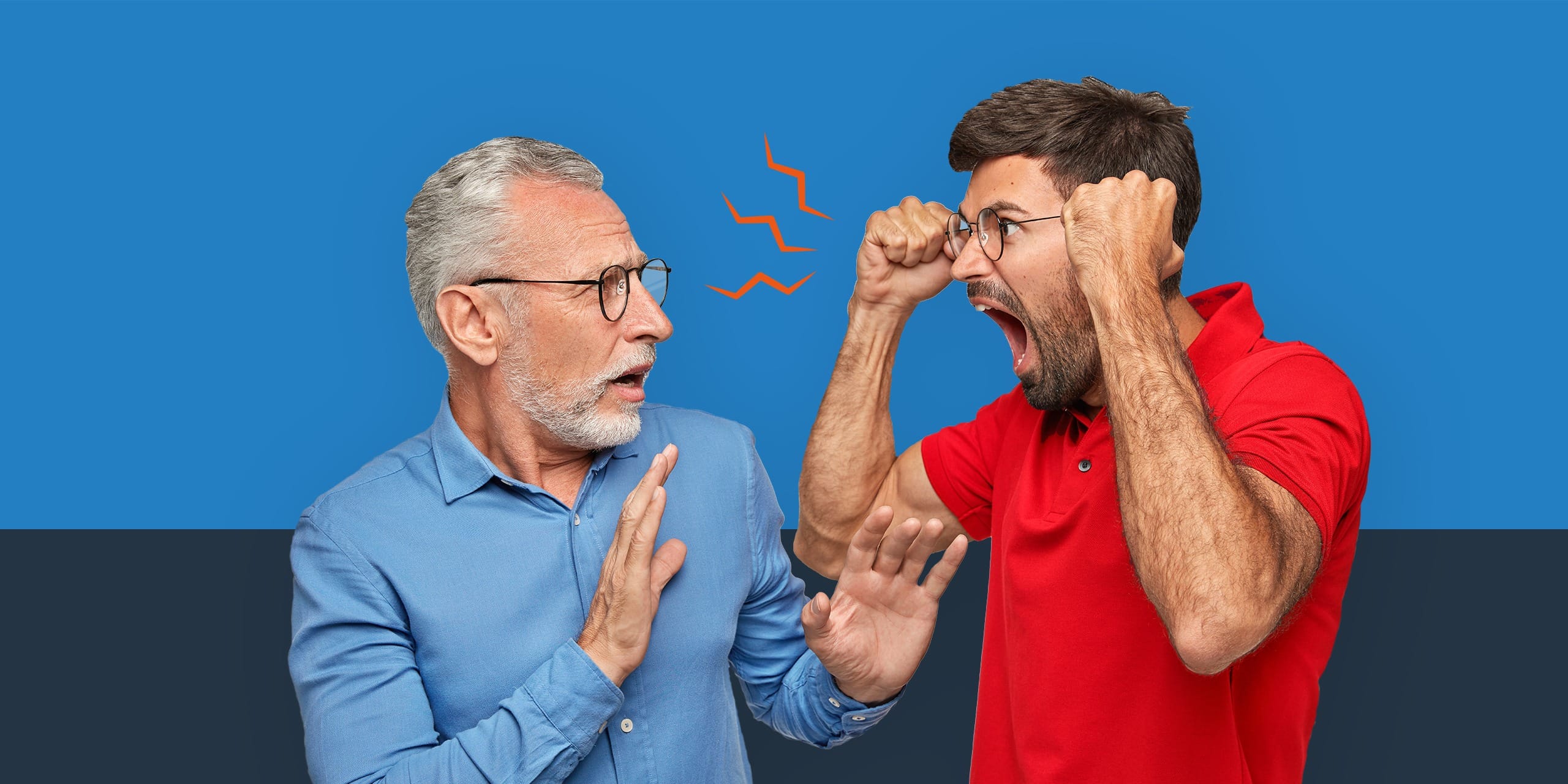 Vexed irritated mad male shouts and gestures angrily at his mature father, have quarrel, sort out relationships, have disagreement or conflict, isolated over white background. Father and son disagree
